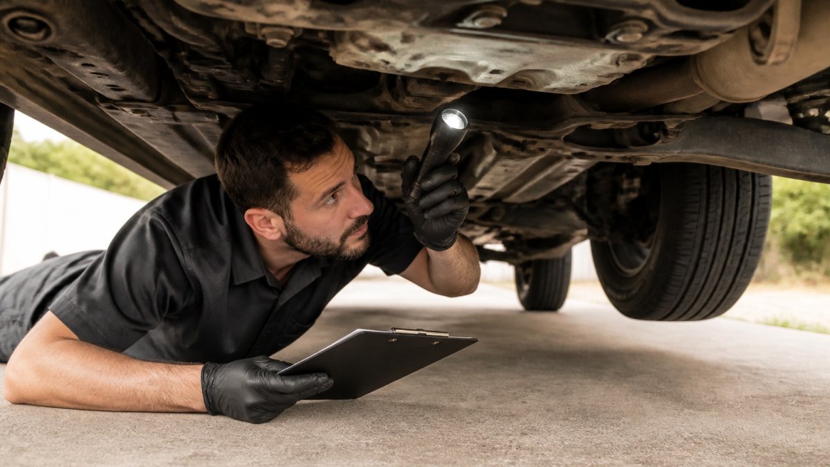 Fast Turnaround Vehicle Inspection Services Professional mechanic examining undercarriage of vehicle with flashlight and clipboard, performing thorough on-site inspection work in natural daylight