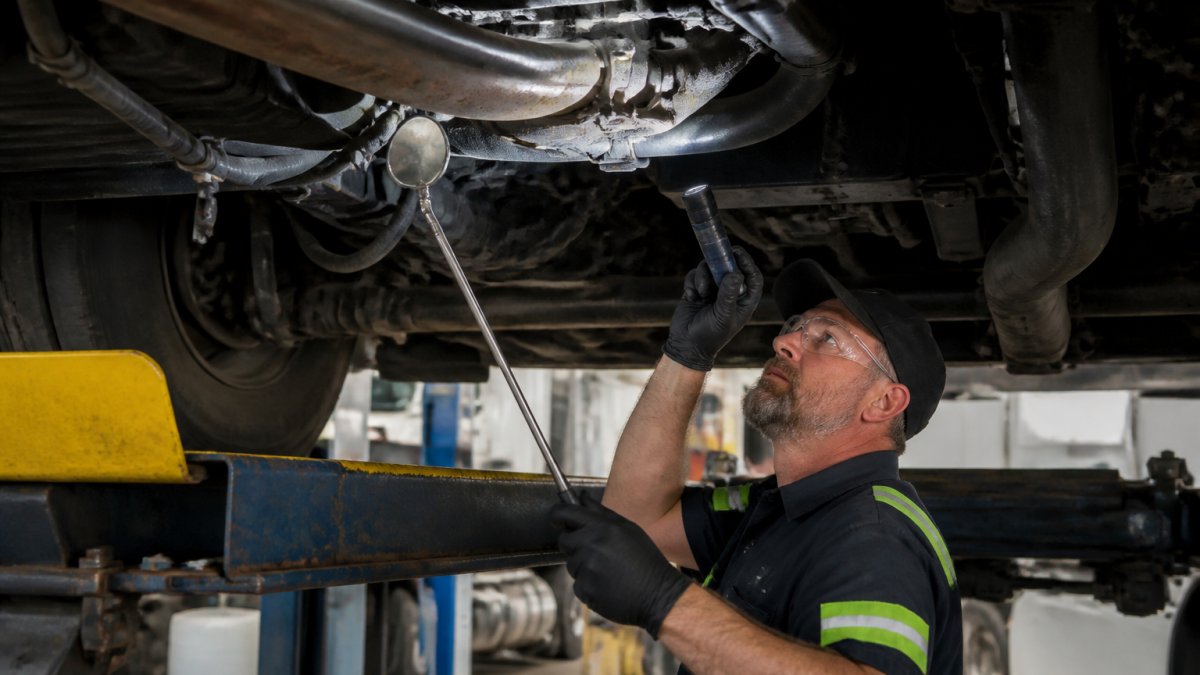 Fleet Vehicle Maintenance Inspection Tips Professional inspector conducting detailed undercarriage inspection of commercial truck using flashlight and inspection mirror in service bay