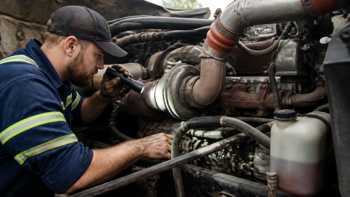 Professional diesel mechanic inspecting heavy-duty diesel truck engine bay with flashlight, checking hoses and fluid levels near turbocharger and engine block