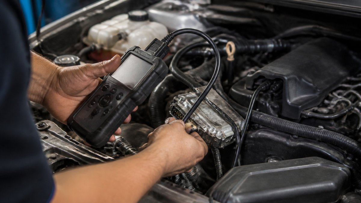 Mobile Mechanic vs Inspection Service: Key Differences Professional inspector using diagnostic scanner on vehicle engine compartment, hands holding device connected to engine control module, natural workshop lighting