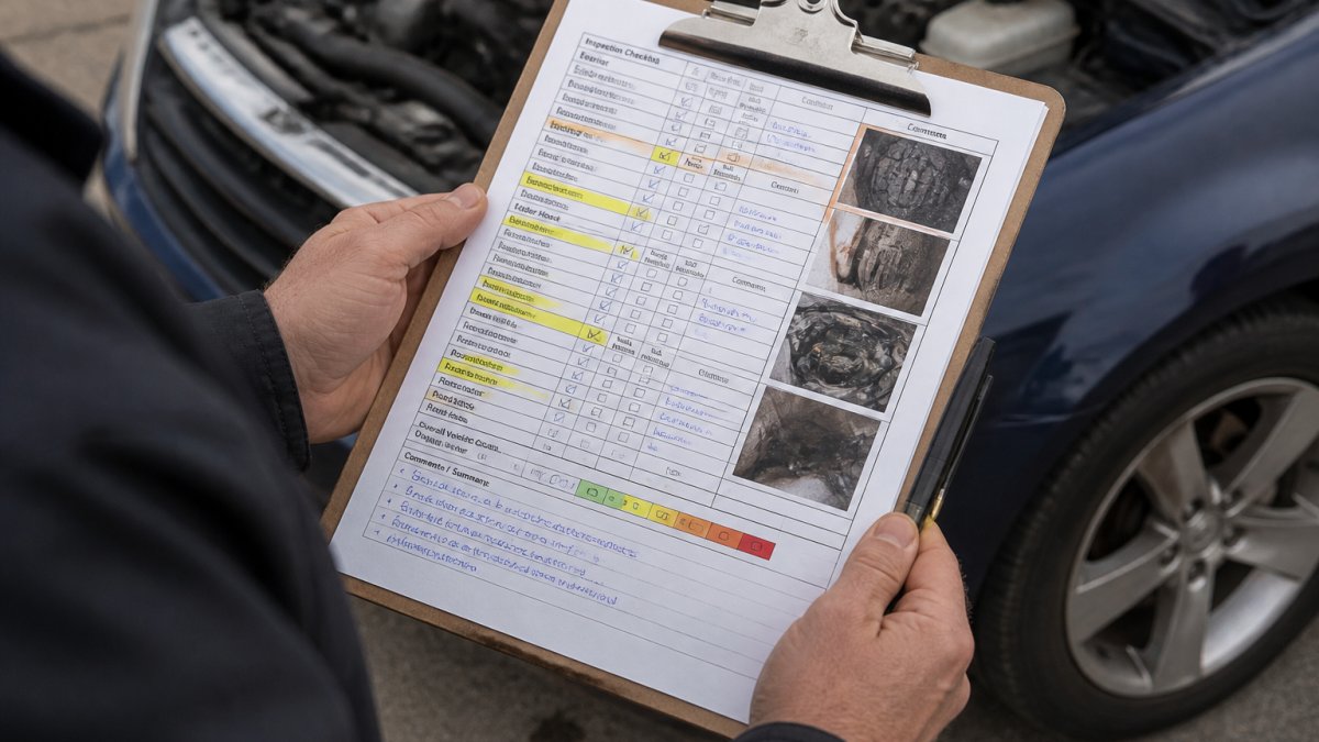 Used Car Inspection Report Sample: Complete Guide Professional inspector's hands holding a completed used car inspection report with highlighted sections, condition ratings marked, and defect photographs attached, showing detailed notes and severity markings on the form