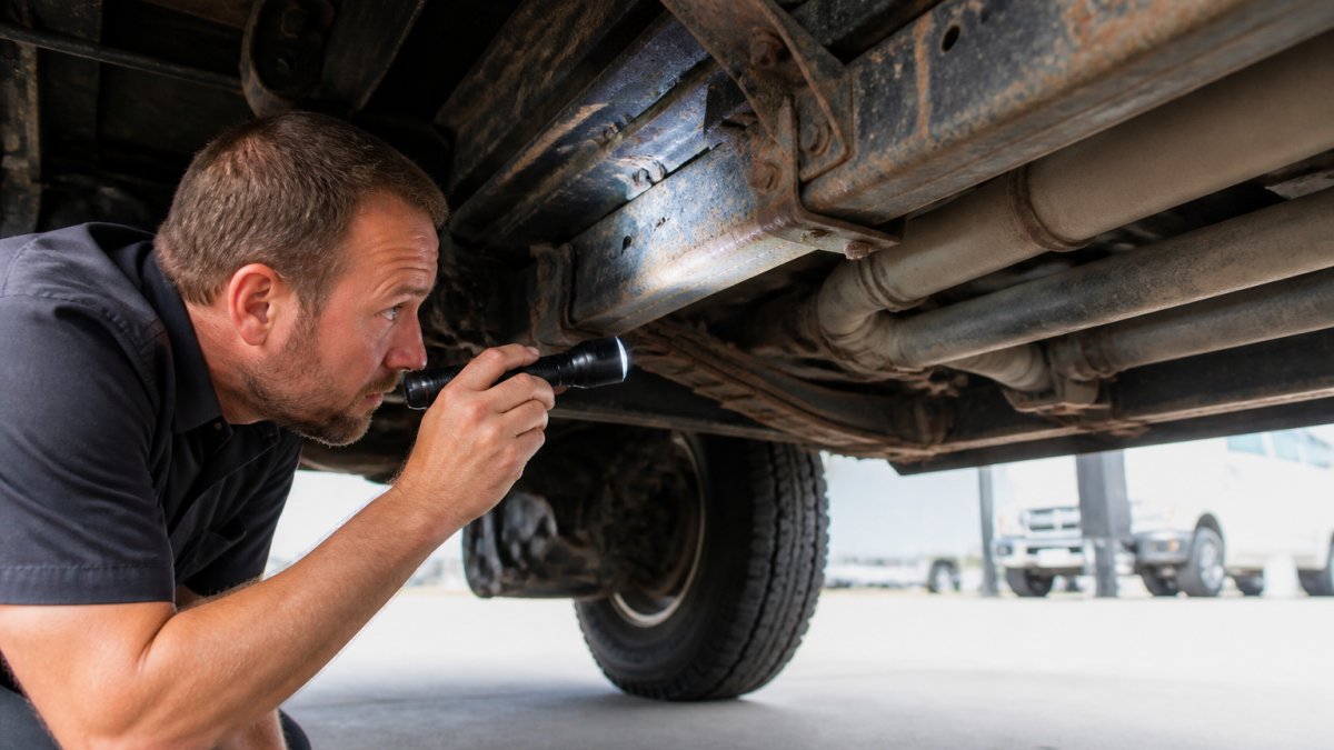 Used Truck Buying Checklist: 9 Critical Inspections Professional inspector closely examining the undercarriage and frame of a used truck with a flashlight, checking for rust, corrosion, and structural damage