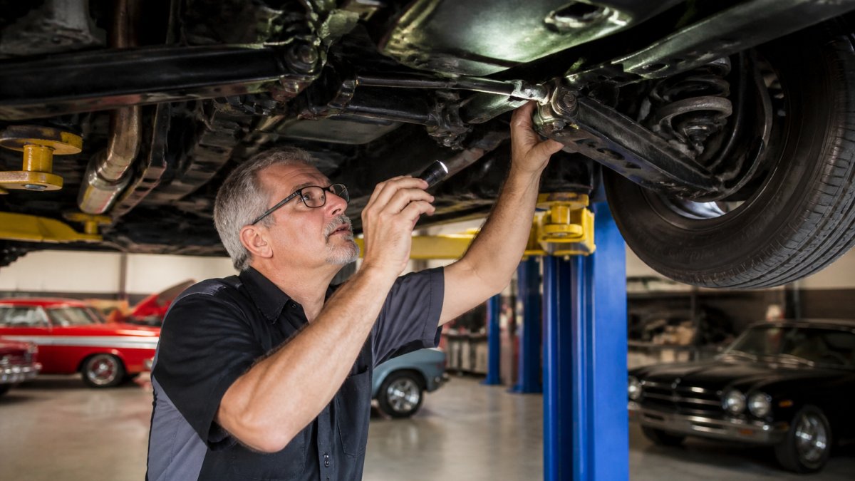 What Should a Classic Car Pre-Purchase Inspection Include? Professional inspector examining the undercarriage of a classic car on a lift, using a flashlight to inspect frame and suspension components, with concrete floor visible below
